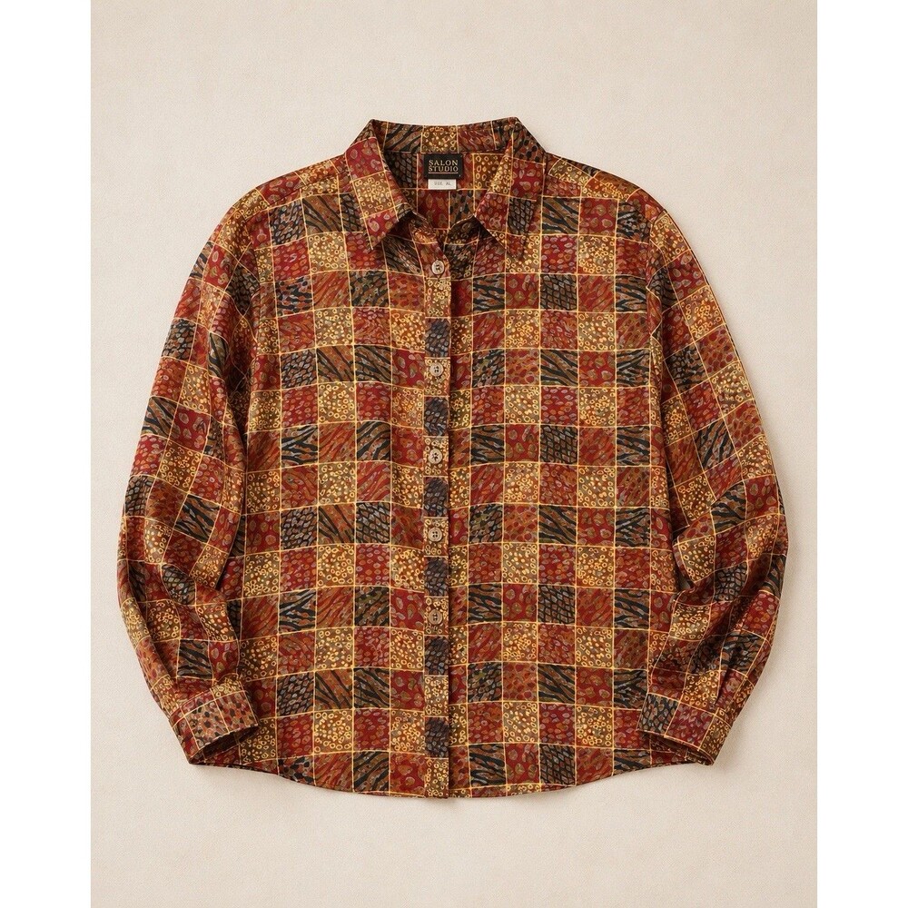 Salon Studio Women's XL Button Up Blouse 100% Polyester Patchwork Abstract Print